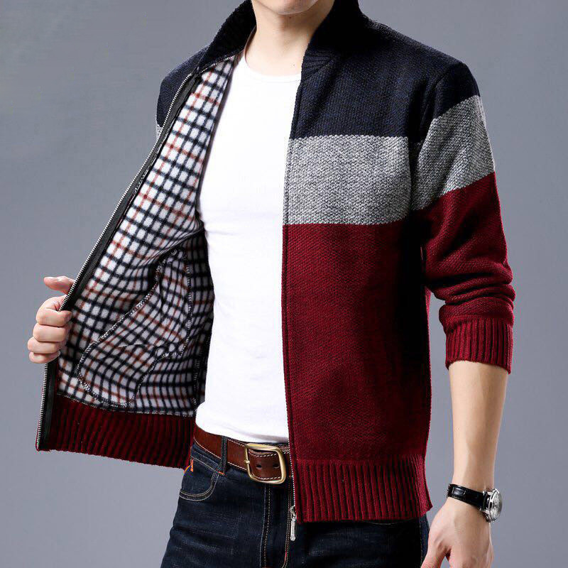 남성 가디건, 가을/겨울용 두껍고 따뜻한 패션 니트 스웨터 코트, 스티칭 컬러블록 스탠드 칼라 지퍼 코트 재킷